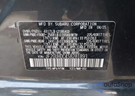 2025 Subaru Crosstrek Premium из США, поврежденный, VIN JF2GUHDC4S8281893